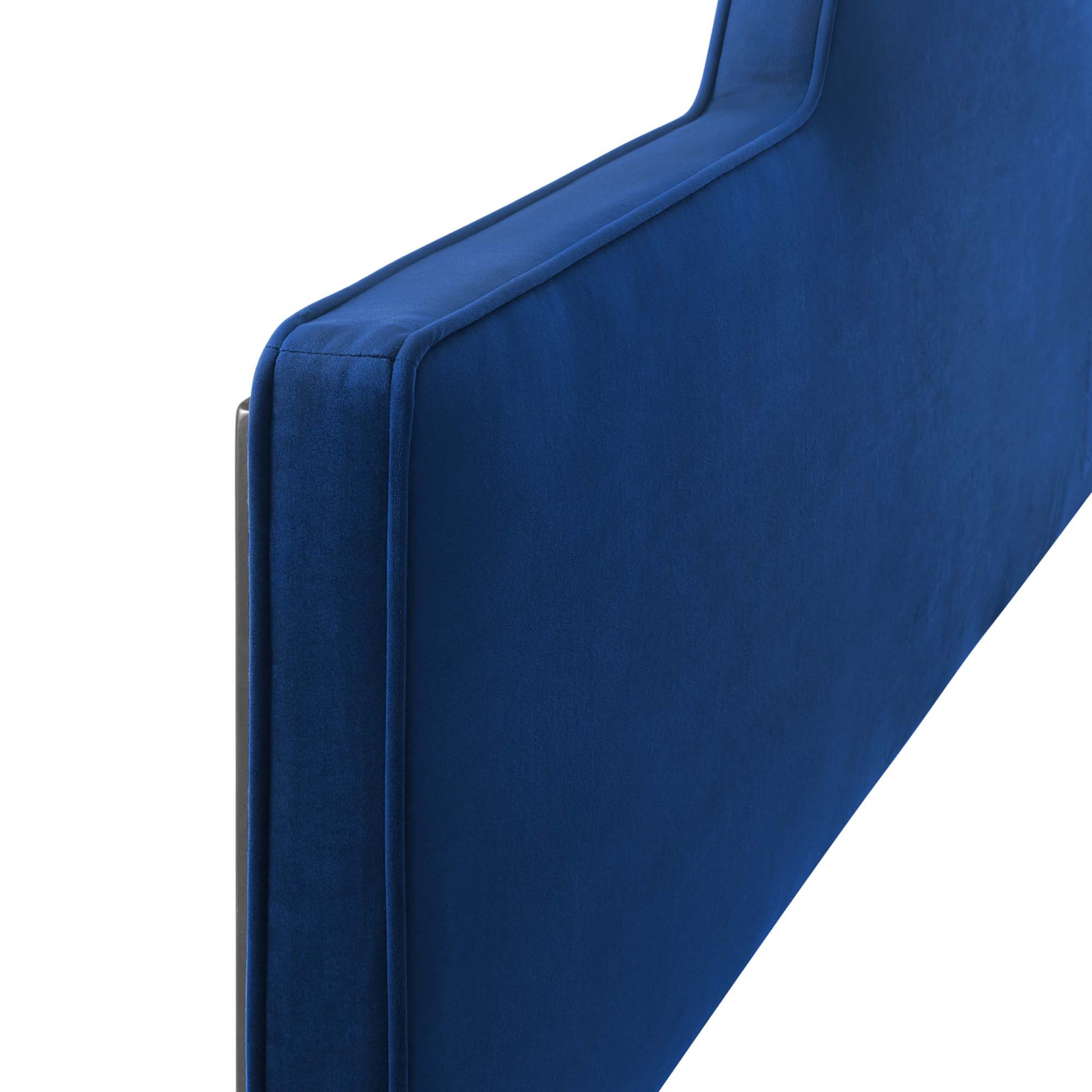 Navy blue velvet full/queen headboard with a modern squared silhouette.