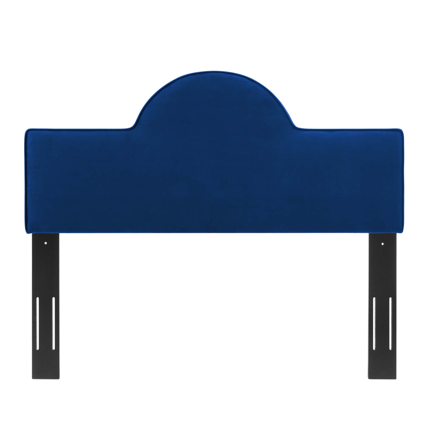 Navy blue upholstered headboard with a rounded central arch and rectangular side panels; black metal slotted legs.