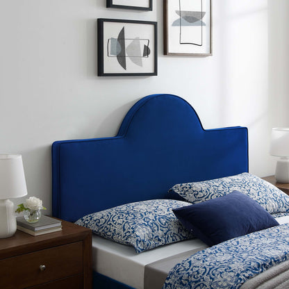 Navy blue velvet upholstered headboard with a curved cloud silhouette, full/queen size.