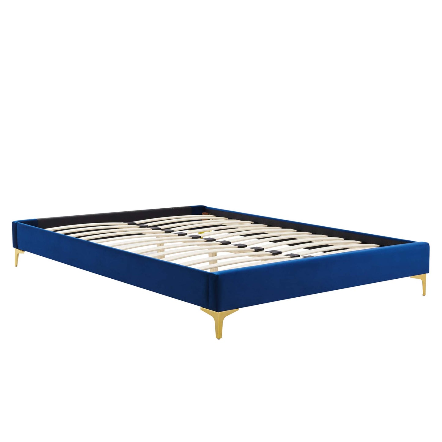 Navy blue upholstered twin platform bed frame with gold legs and slatted wooden base.