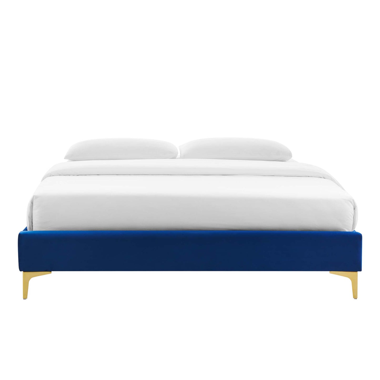 Navy blue fabric twin bed frame with light wood legs & white bedding with two pillows.