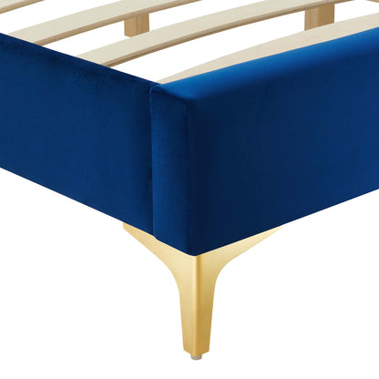 Navy blue performance velvet twin bed frame with gold tapered legs and a light wood base.