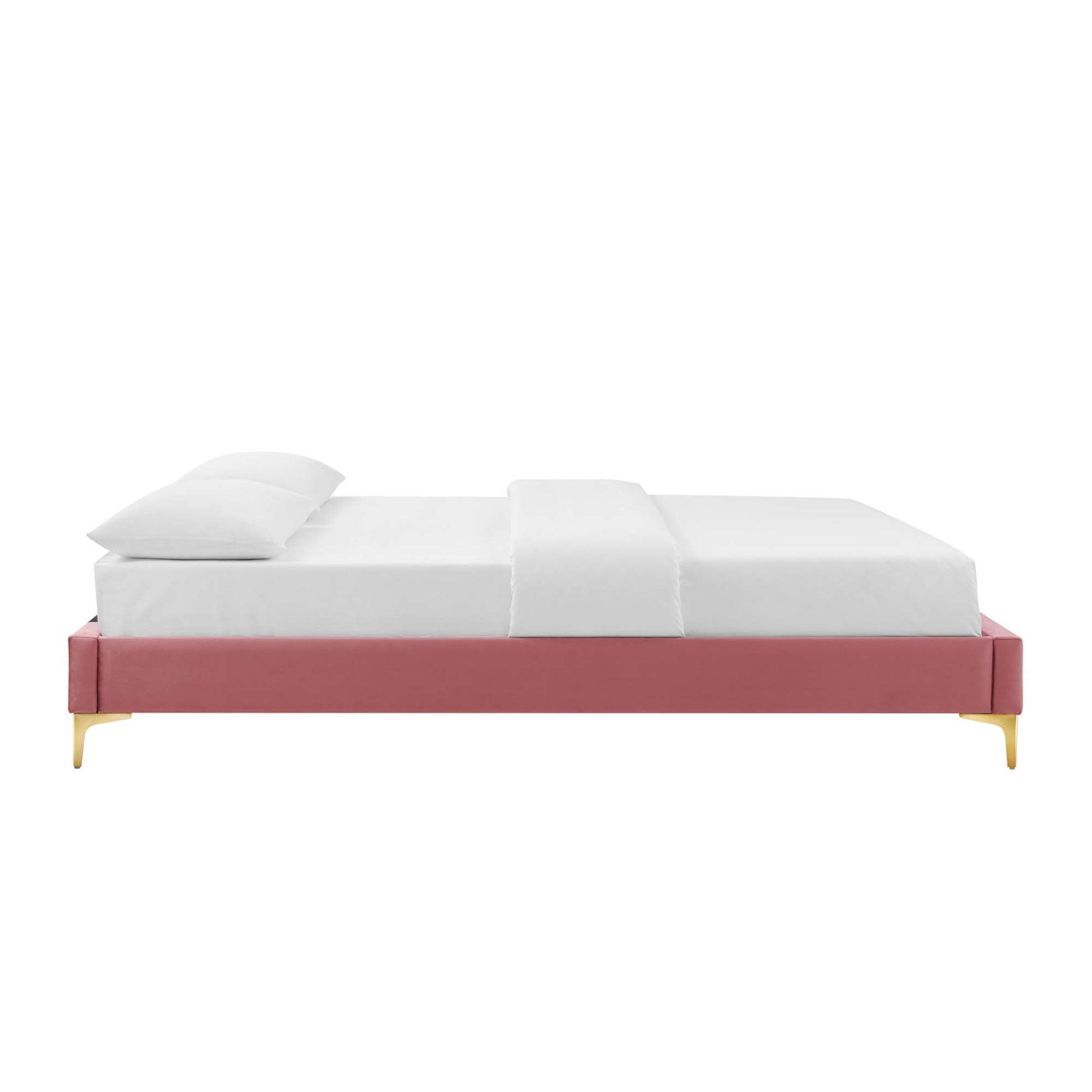 Red velvet full bed frame with gold legs & white bedding in a modern minimalist bedroom.