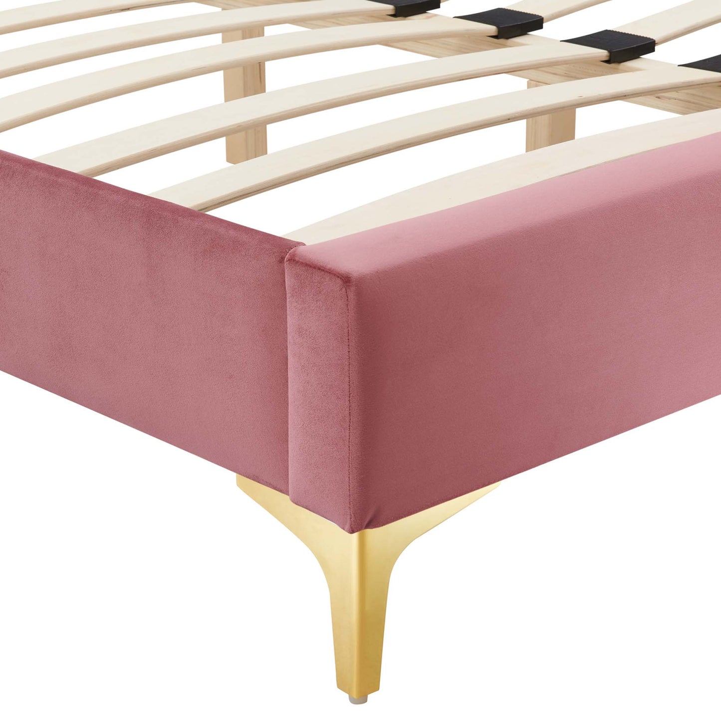 Red velvet upholstered full bed frame corner view with wooden slat support & gold-tone tapered legs.