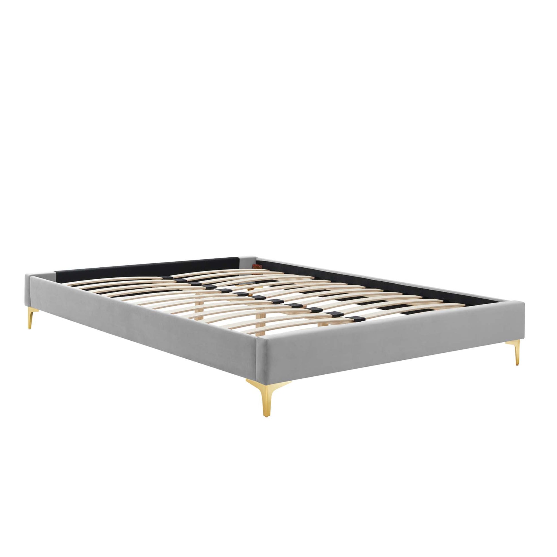 Grey upholstered full bed frame with wooden slat base, dark headboard panel, and gold tapered legs.