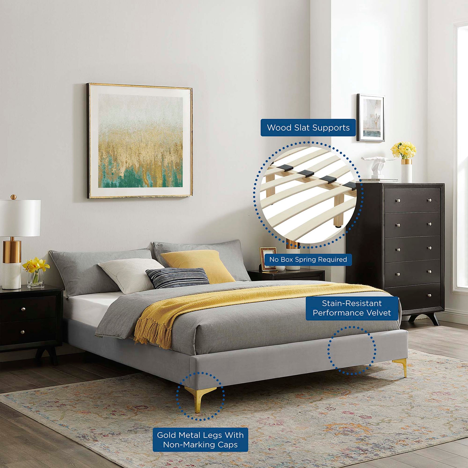 Gray upholstered full bed frame with gold metal legs, non-marking caps, wood slat supports, stain-resistant velvet.