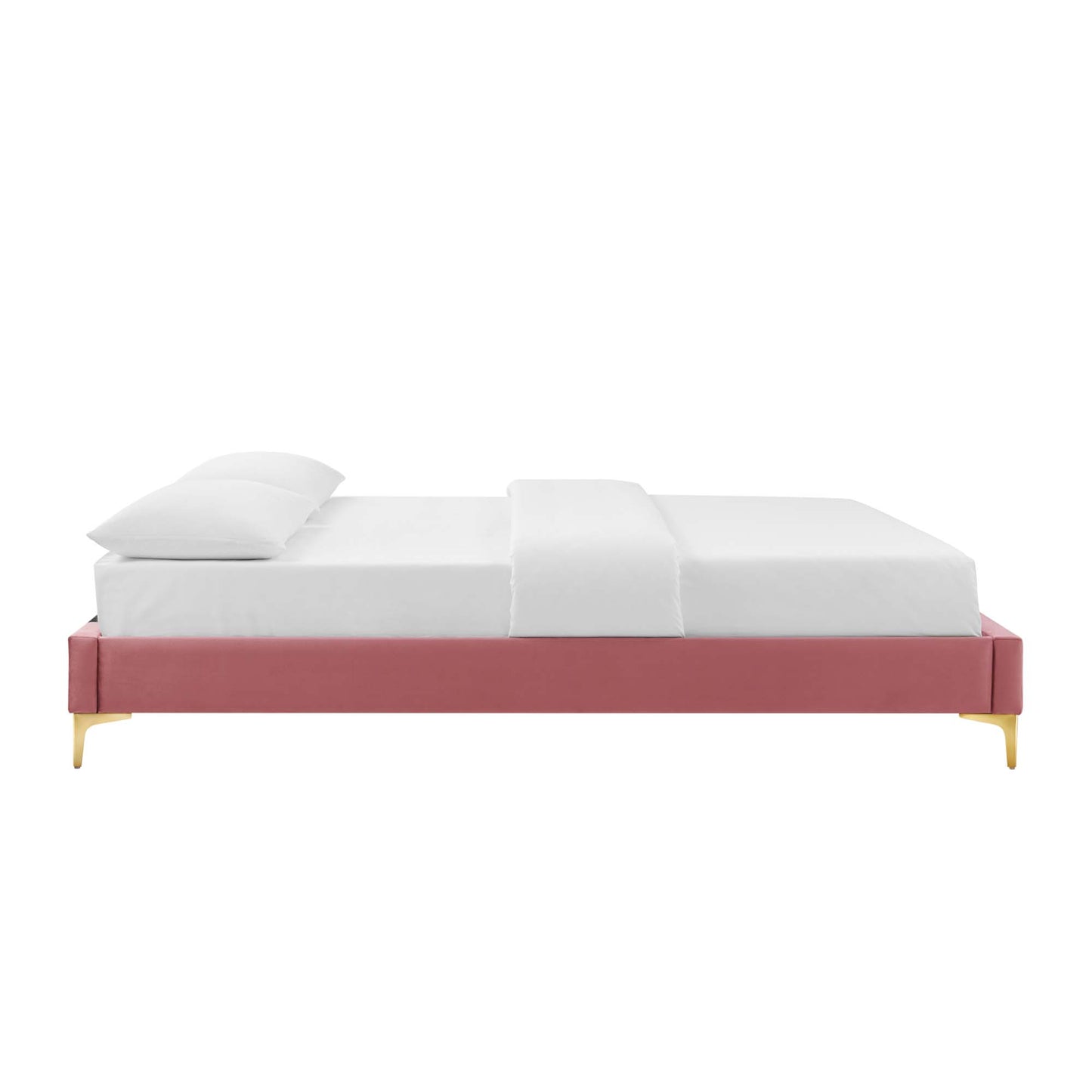 Low-profile red velvet upholstered king bed frame with gold legs, white bedding and two pillows, modern minimalist design.