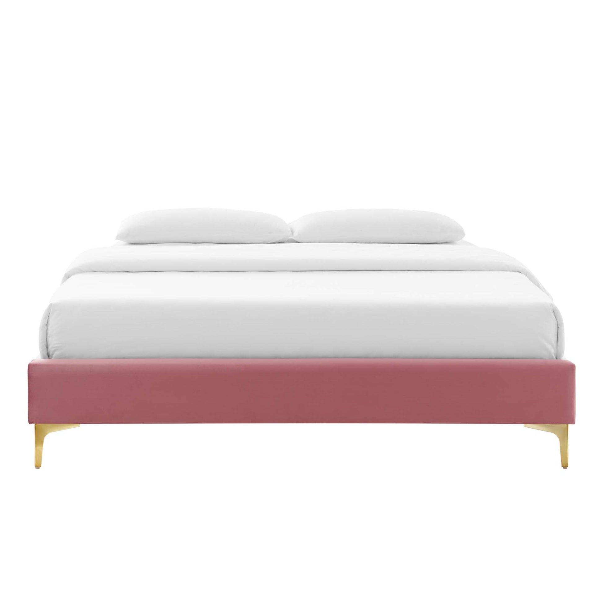 Red upholstered king bed frame with gold legs, white bedding and two pillows, modern minimalist bedroom furniture.