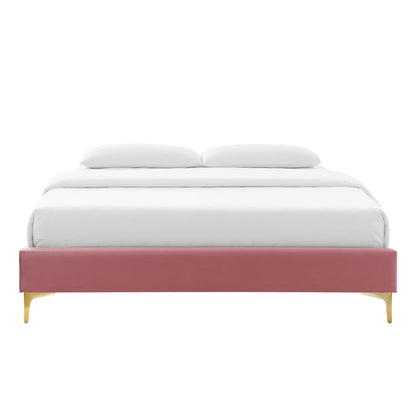 Red upholstered king bed frame with gold legs, white bedding and two pillows, modern minimalist bedroom furniture.