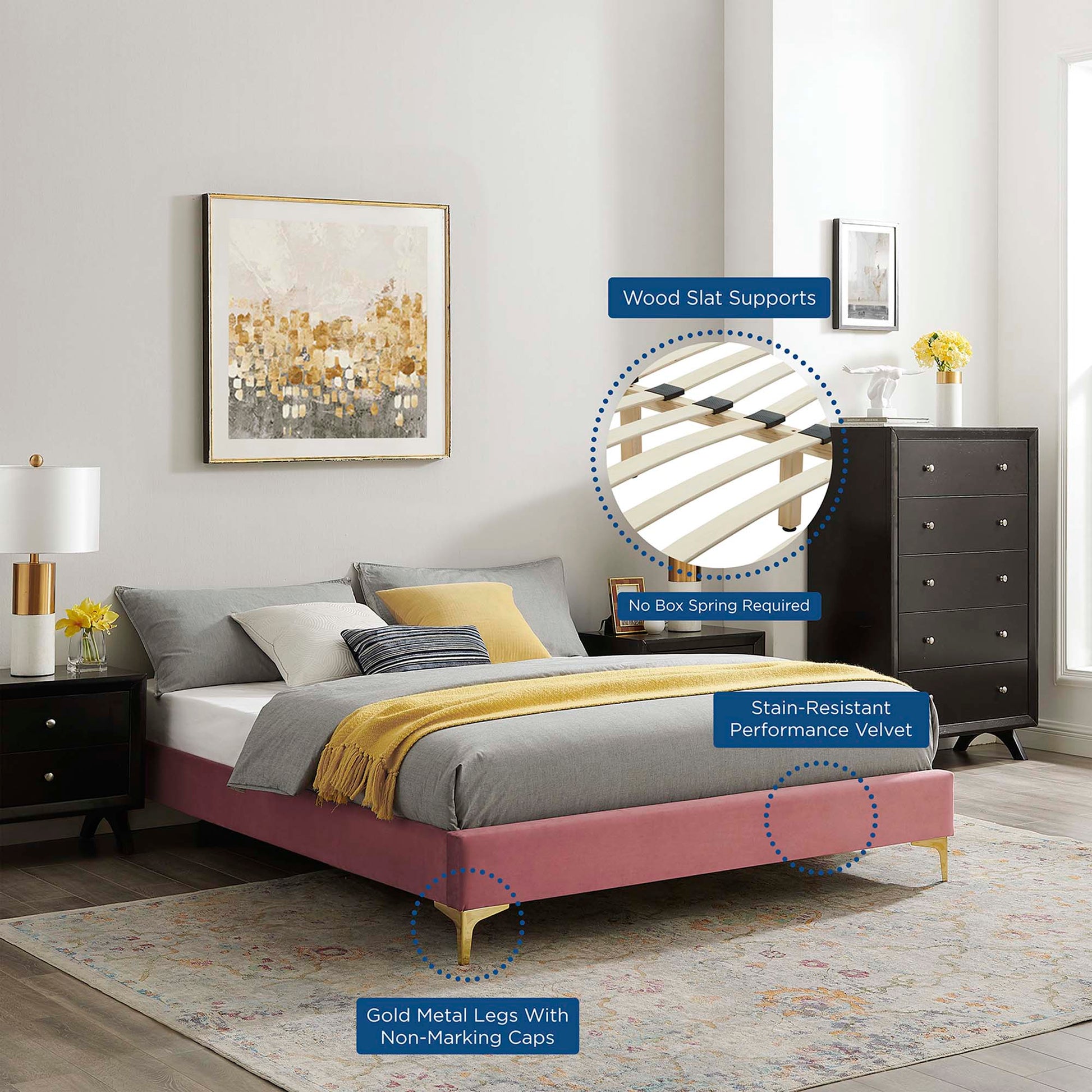 Red velvet king bed frame with gold legs, gray bedding and yellow throw; wood slat supports, no box spring.