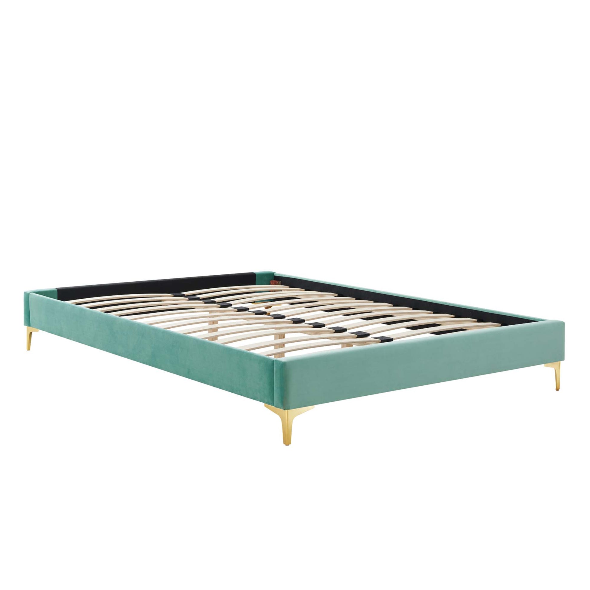 Mint velvet king bed frame with gold tapered legs, black back trim, and wooden slat base.