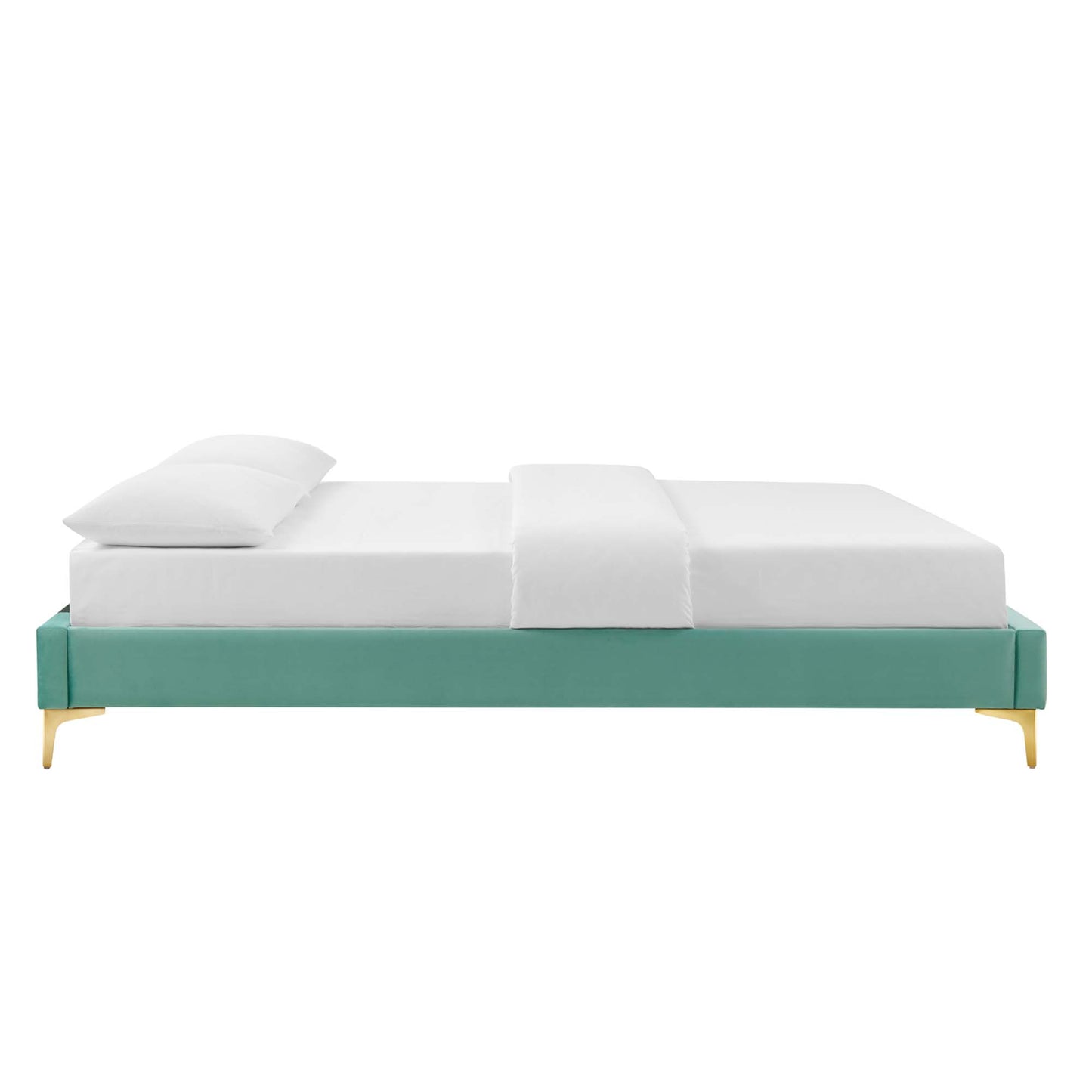 Low-profile mint upholstered king bed frame with gold legs.