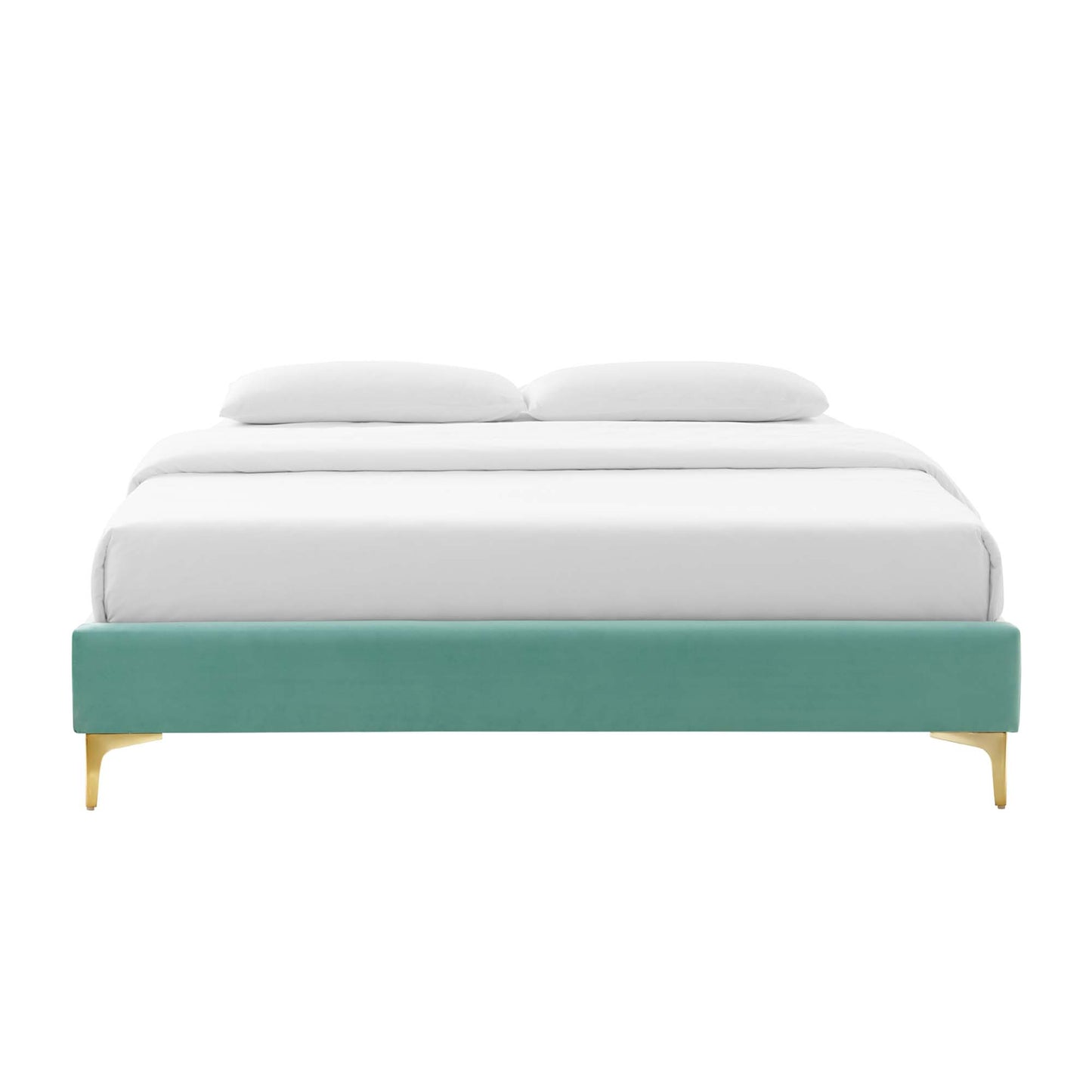 Mint performance velvet king bed frame with gold legs and white bedding.