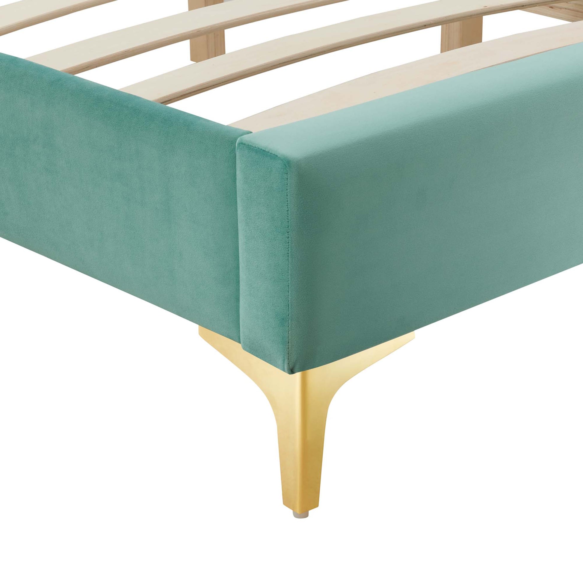 Teal upholstered king bed frame with gold tapered legs and a light wood slatted base.