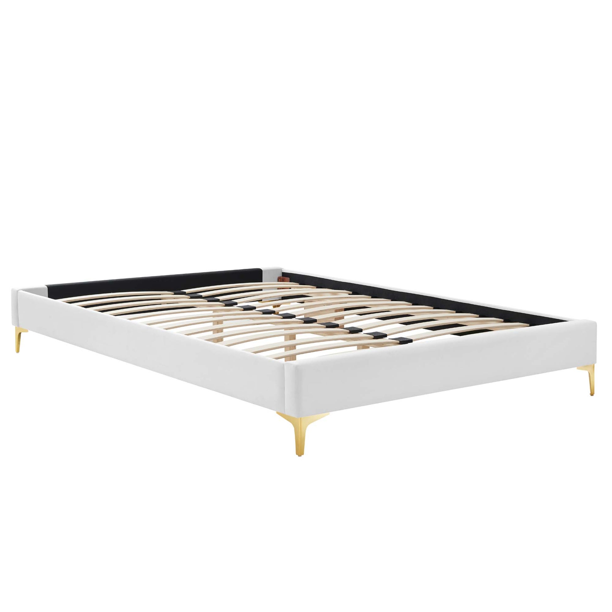White velvet upholstered platform bed frame with wooden slats and gold legs in a modern low-profile design.