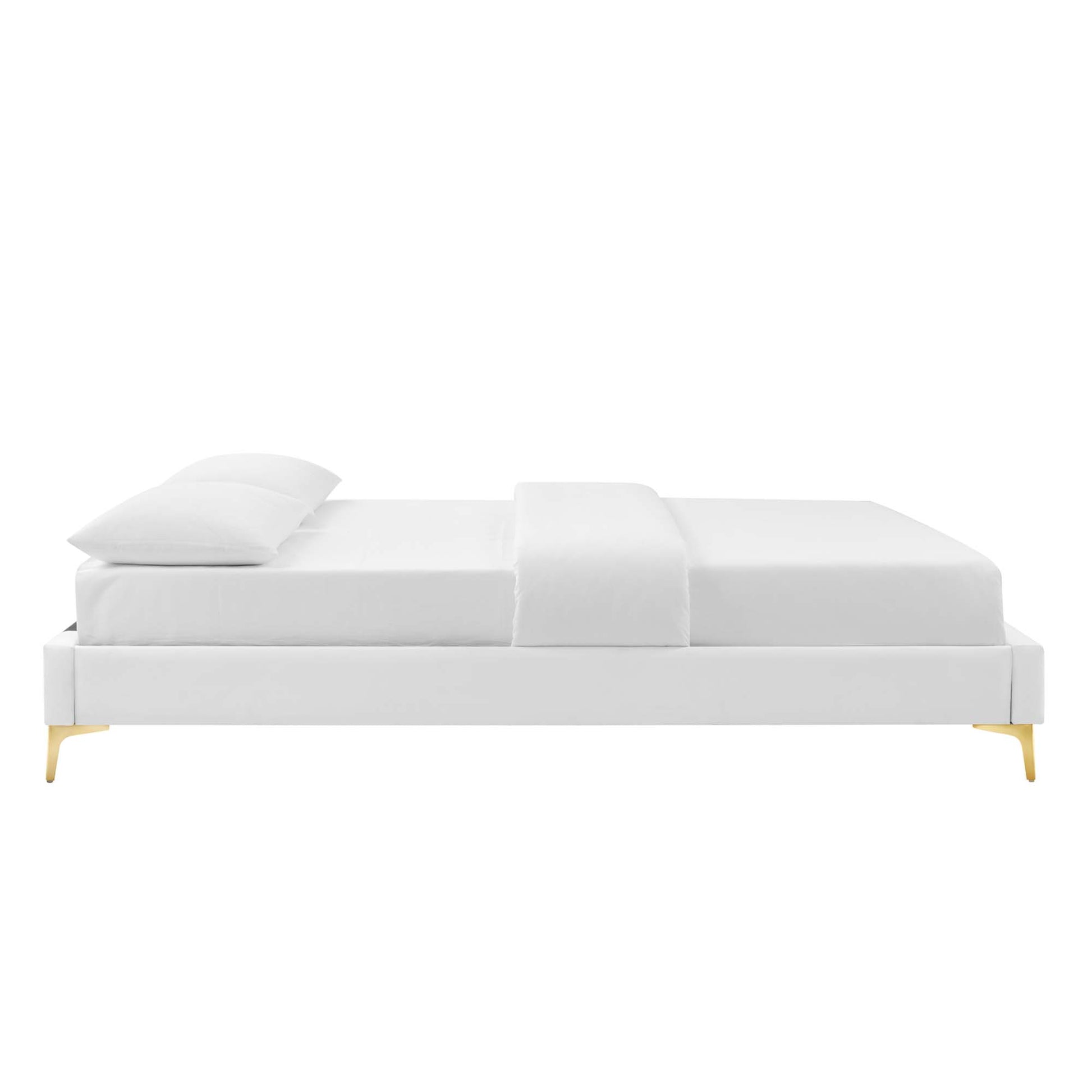 Low-profile white king bed frame with crisp bedding, two pillows, and gold legs.