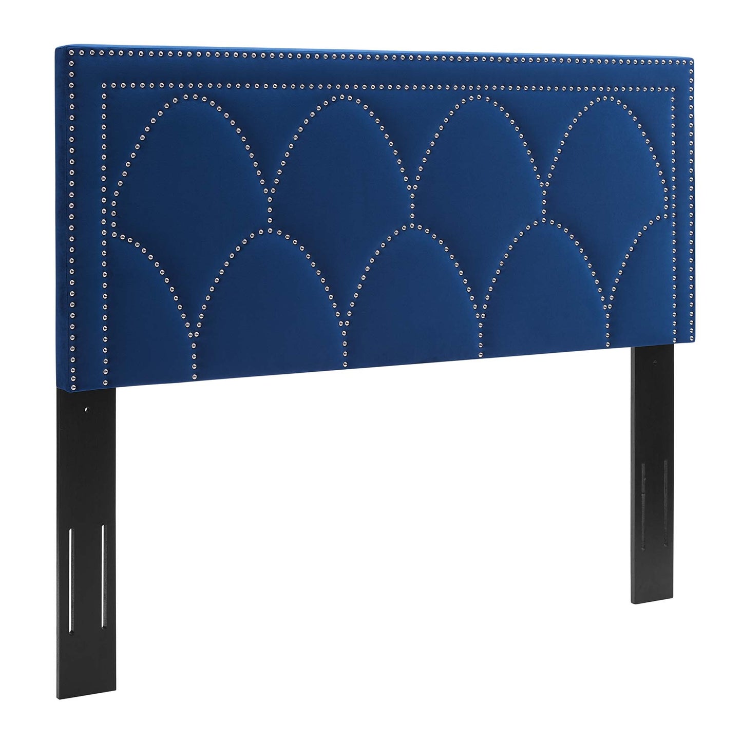 Navy performance velvet headboard with silver nailhead trim in scalloped arch pattern; black metal legs.