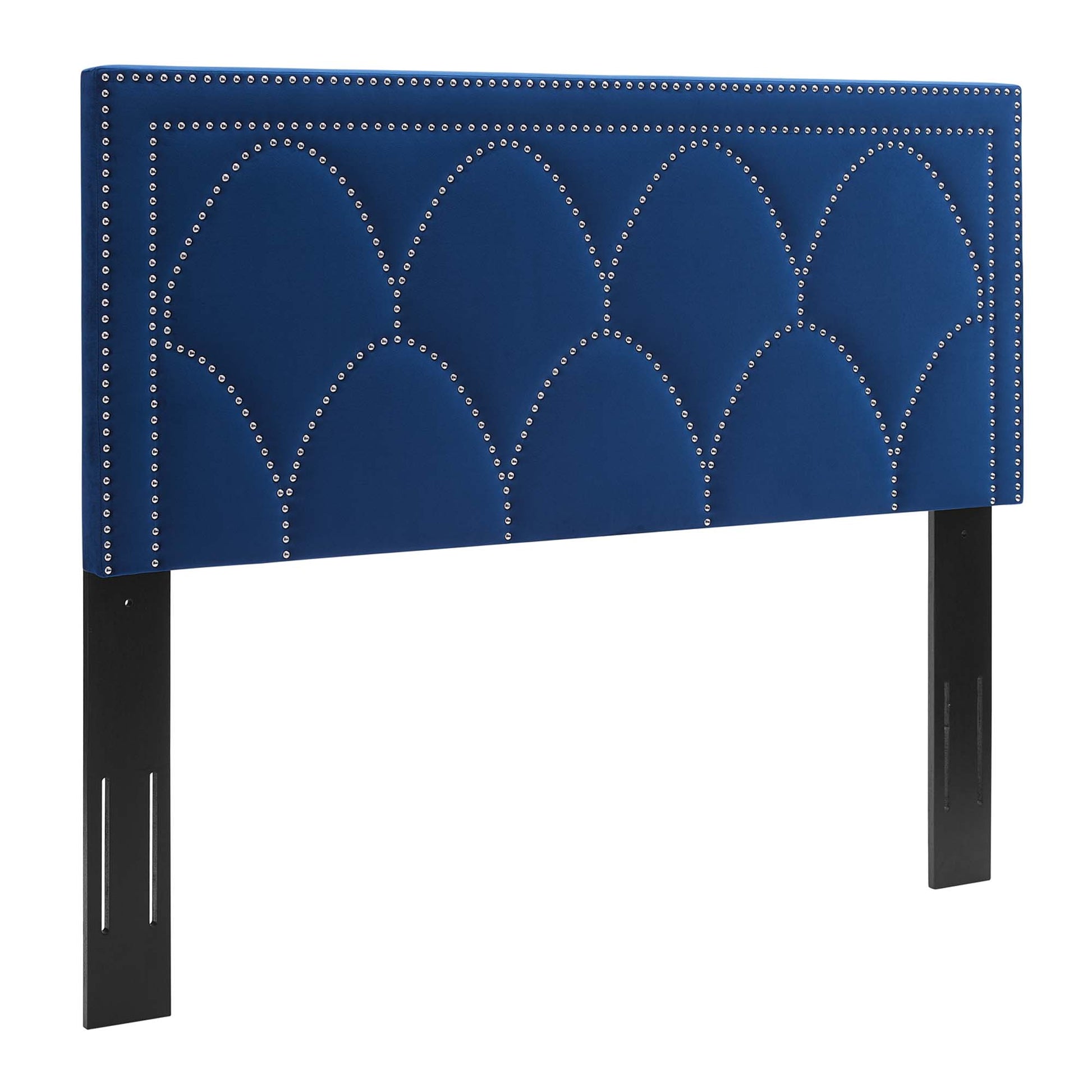 Navy performance velvet headboard with silver nailhead trim in scalloped arch pattern; black metal legs.