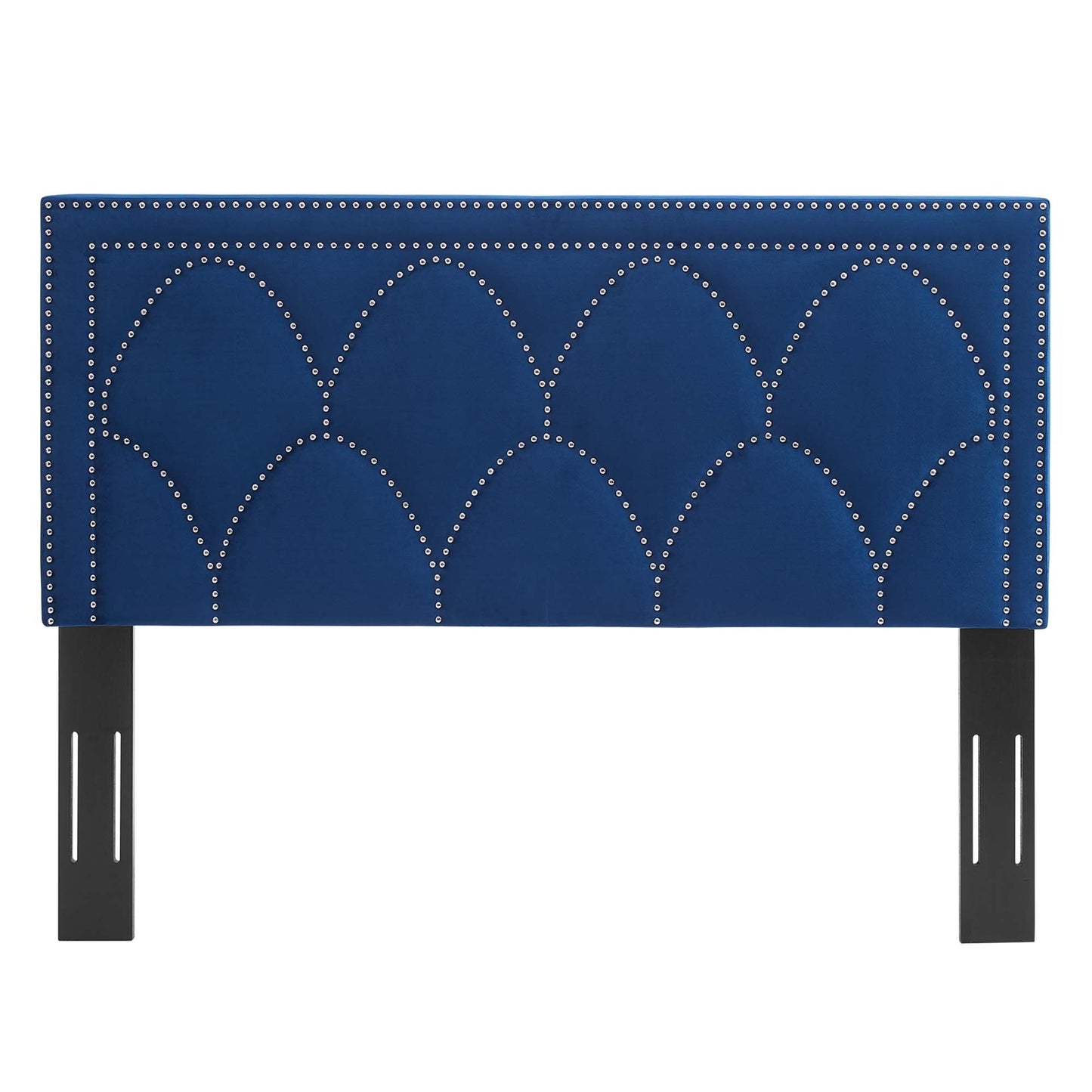Navy blue velvet upholstered headboard with scalloped nailhead arches and black metal legs.