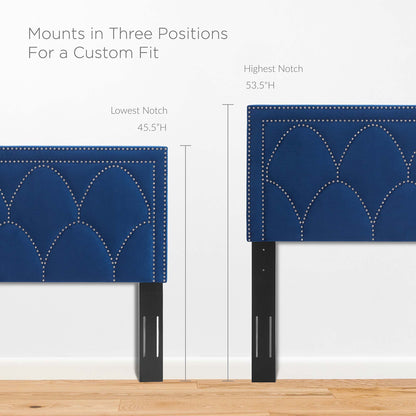 Blue upholstered headboard panels with scallop nailhead trim on black metal legs; adjustable height 45.5-53.5 inches.