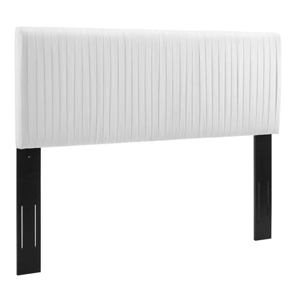 White upholstered headboard with vertical channel tufting on black rectangular legs, modern contemporary style.