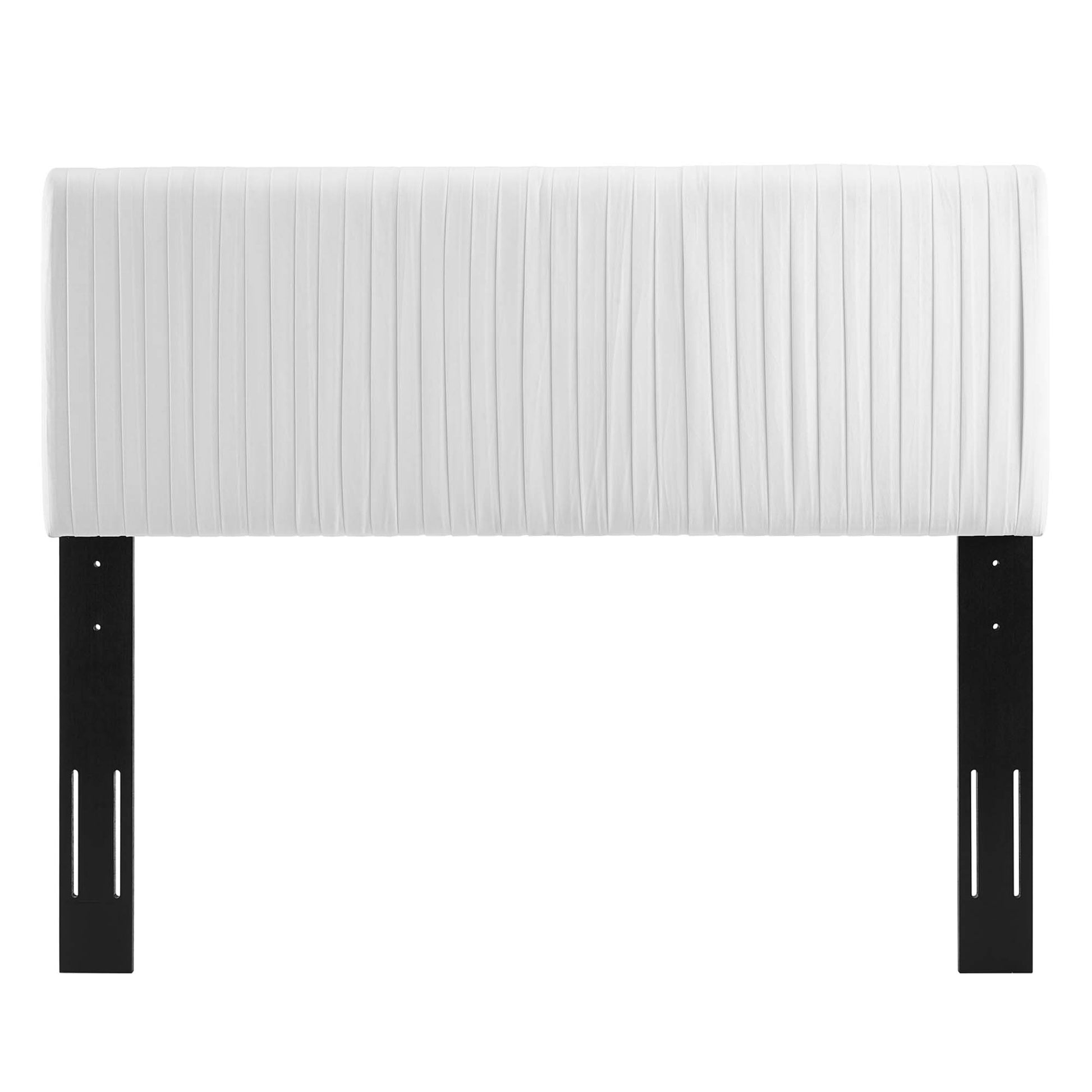 White upholstered headboard with vertical channel tufting; padded panel for a full or queen size bed.