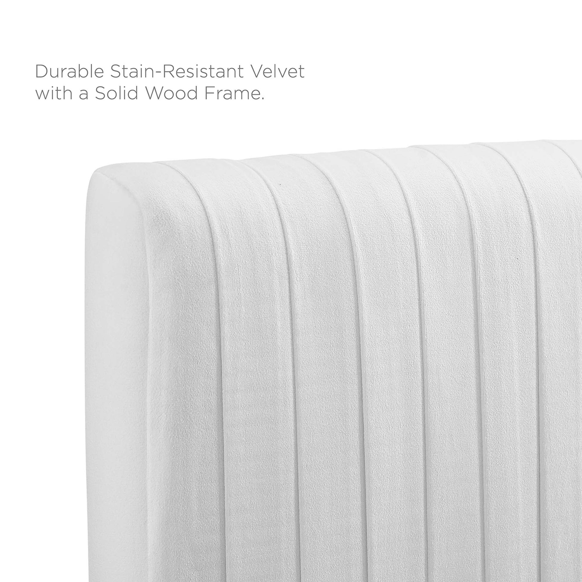 White velvet upholstered headboard with vertical channel tufting (Full/Queen).