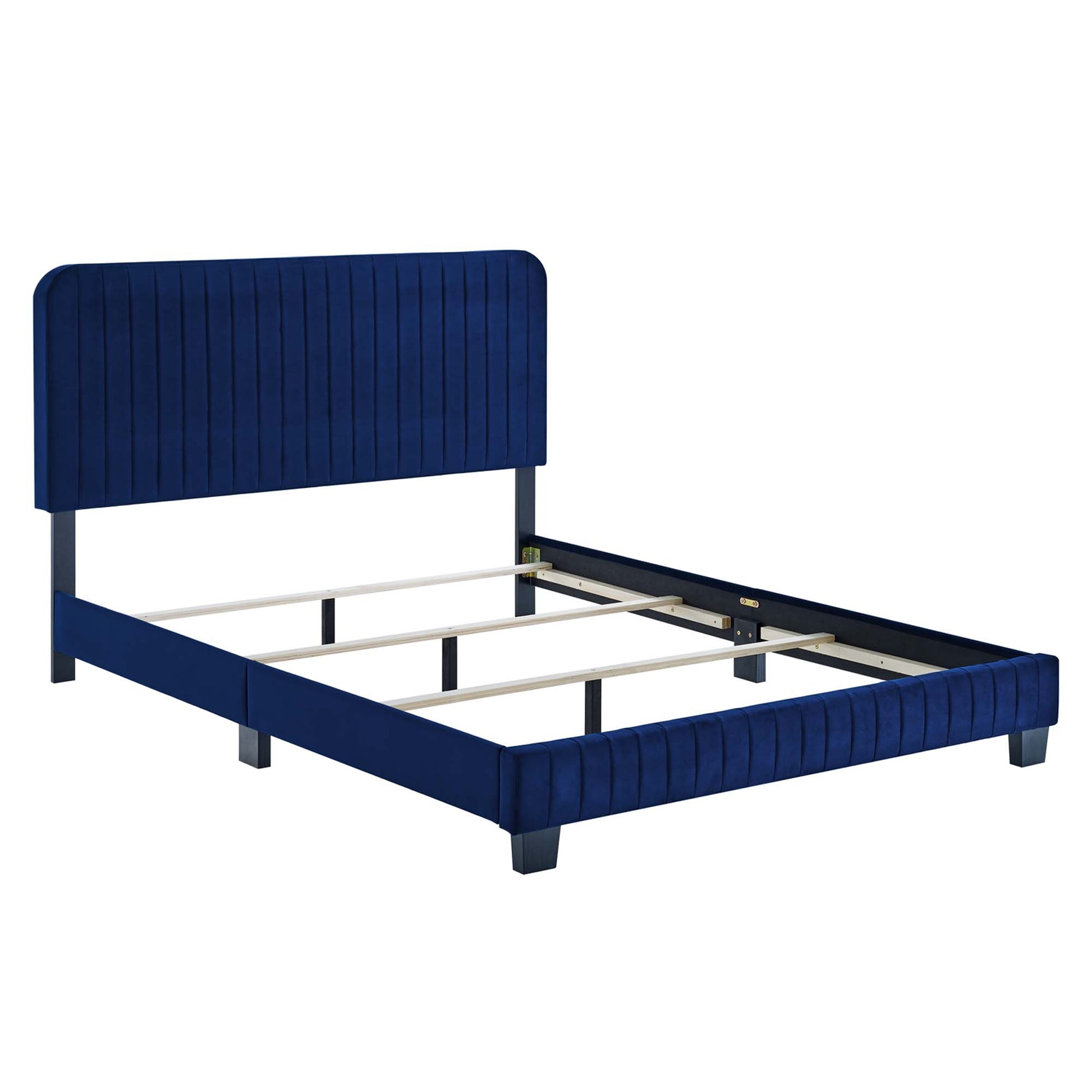 Navy blue velvet upholstered platform king bed frame with tall tufted headboard, wooden slats and metal legs