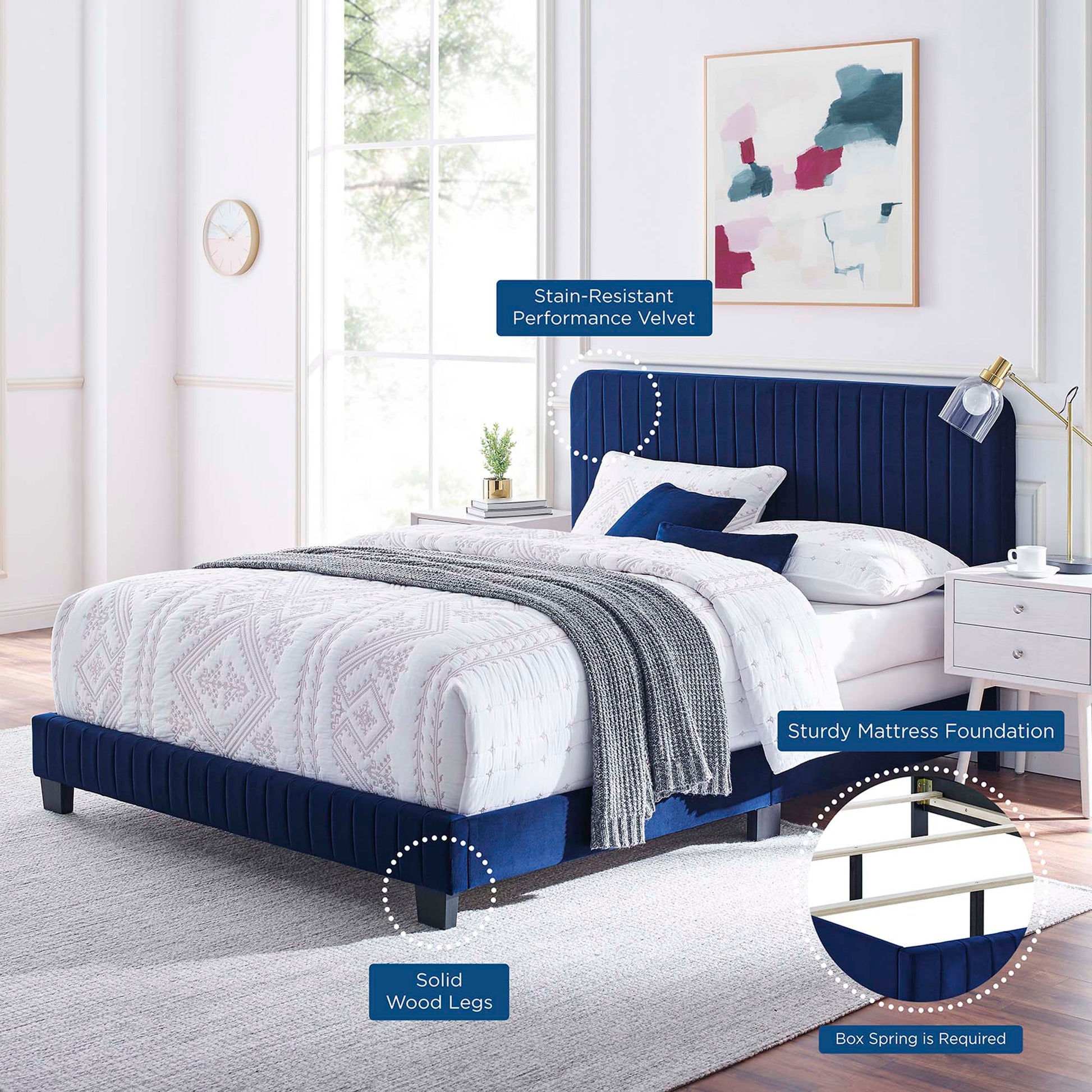 Navy blue velvet bed with tufted headboard, solid wood legs, white patterned bedding, gray throw, in a bright modern bedroom.