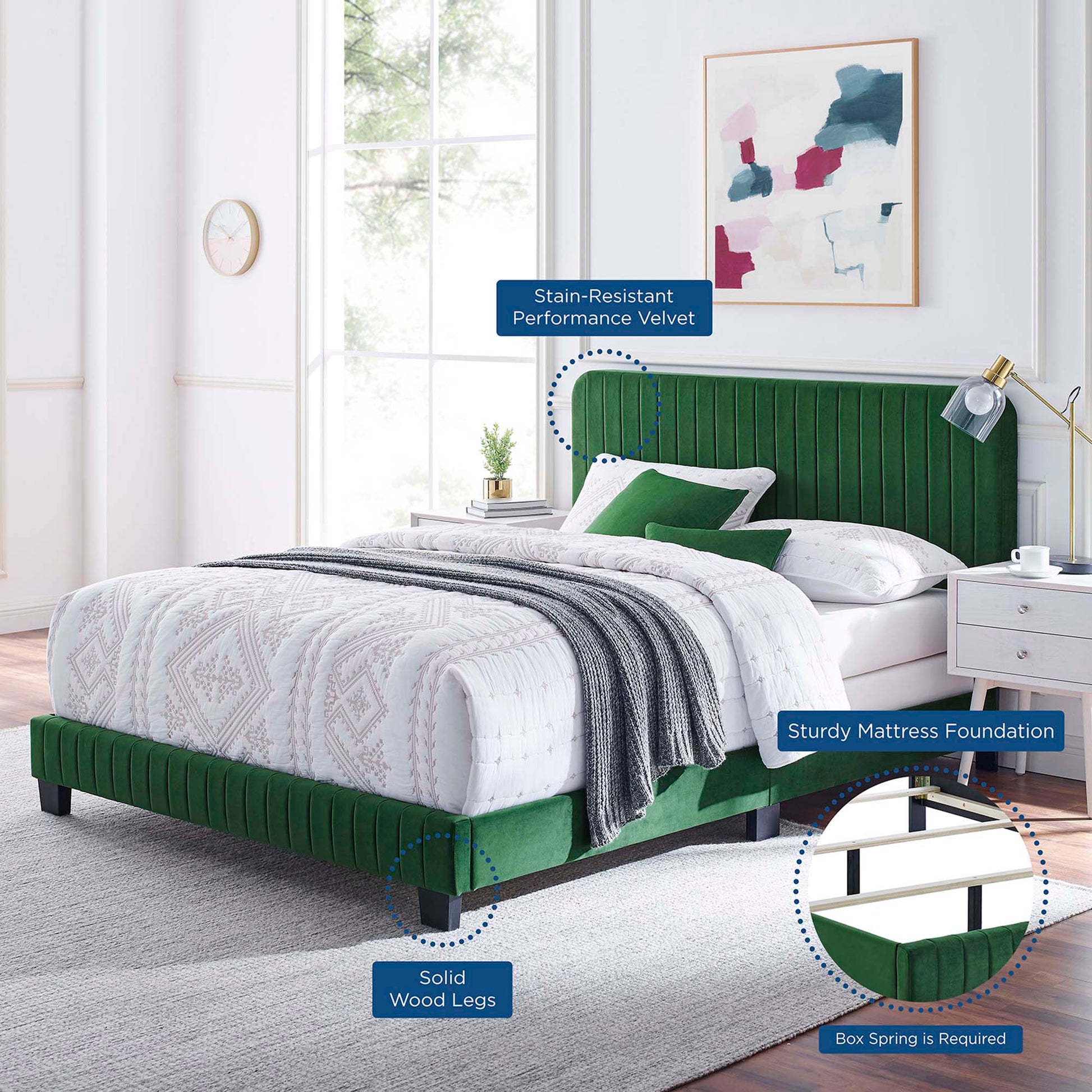 Green channel-tufted performance velvet queen bed with solid wood legs and sturdy mattress foundation in a modern bedroom