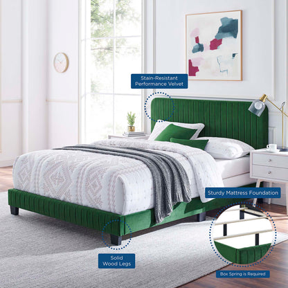 Green channel-tufted performance velvet queen bed with solid wood legs and sturdy mattress foundation in a modern bedroom