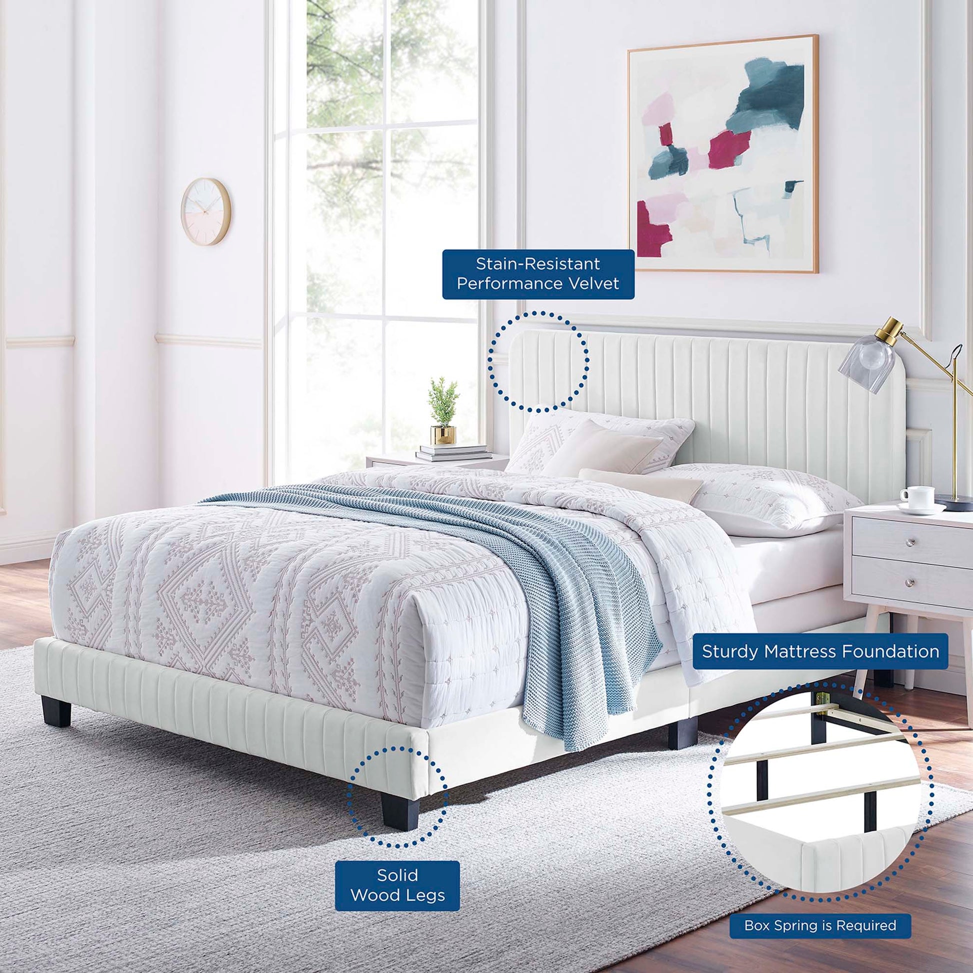 White tufted upholstered platform bed with stain-resistant velvet, solid wood legs, in a modern bedroom.