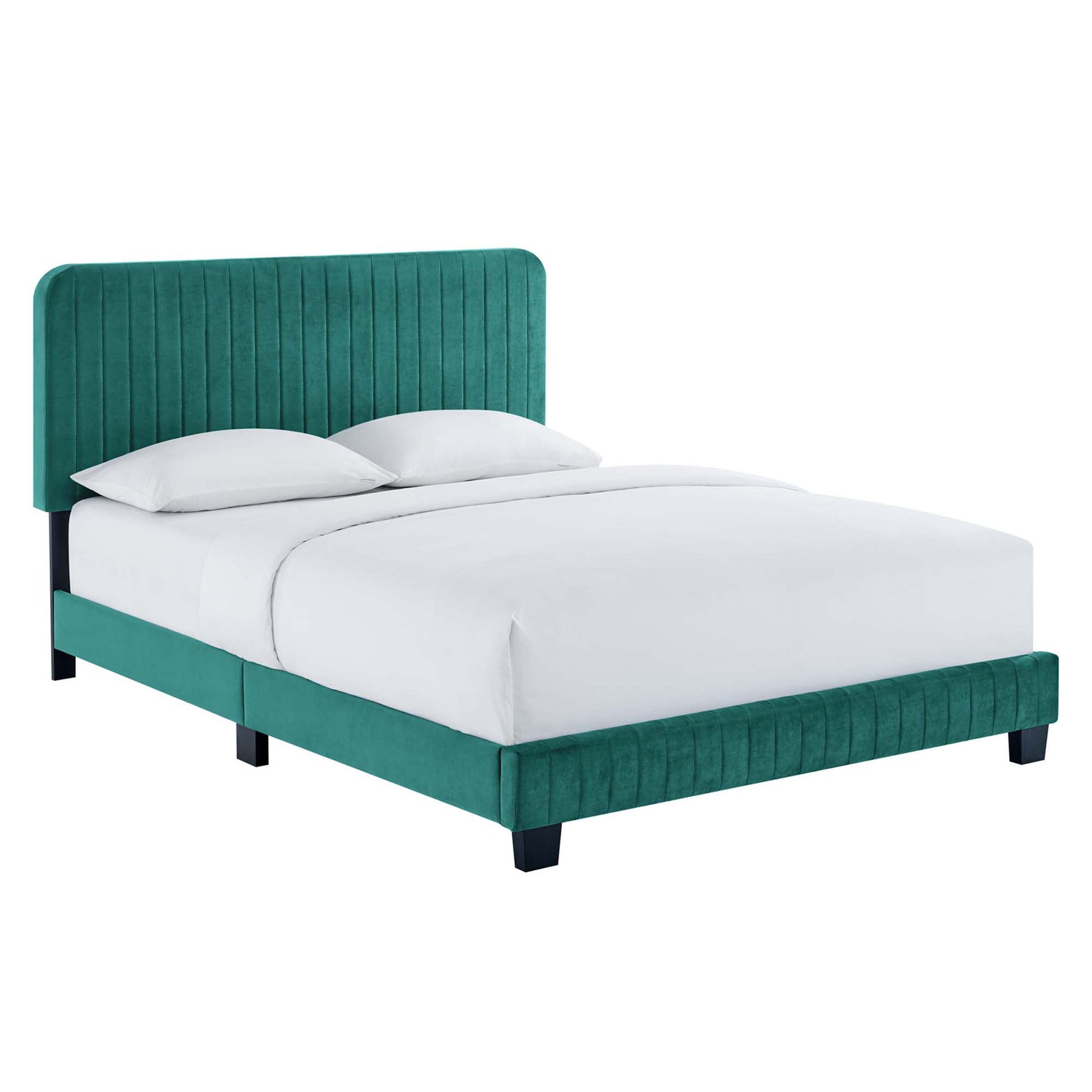 Teal velvet upholstered bed with tall vertical channel-tufted headboard and matching footboard, white bedding.