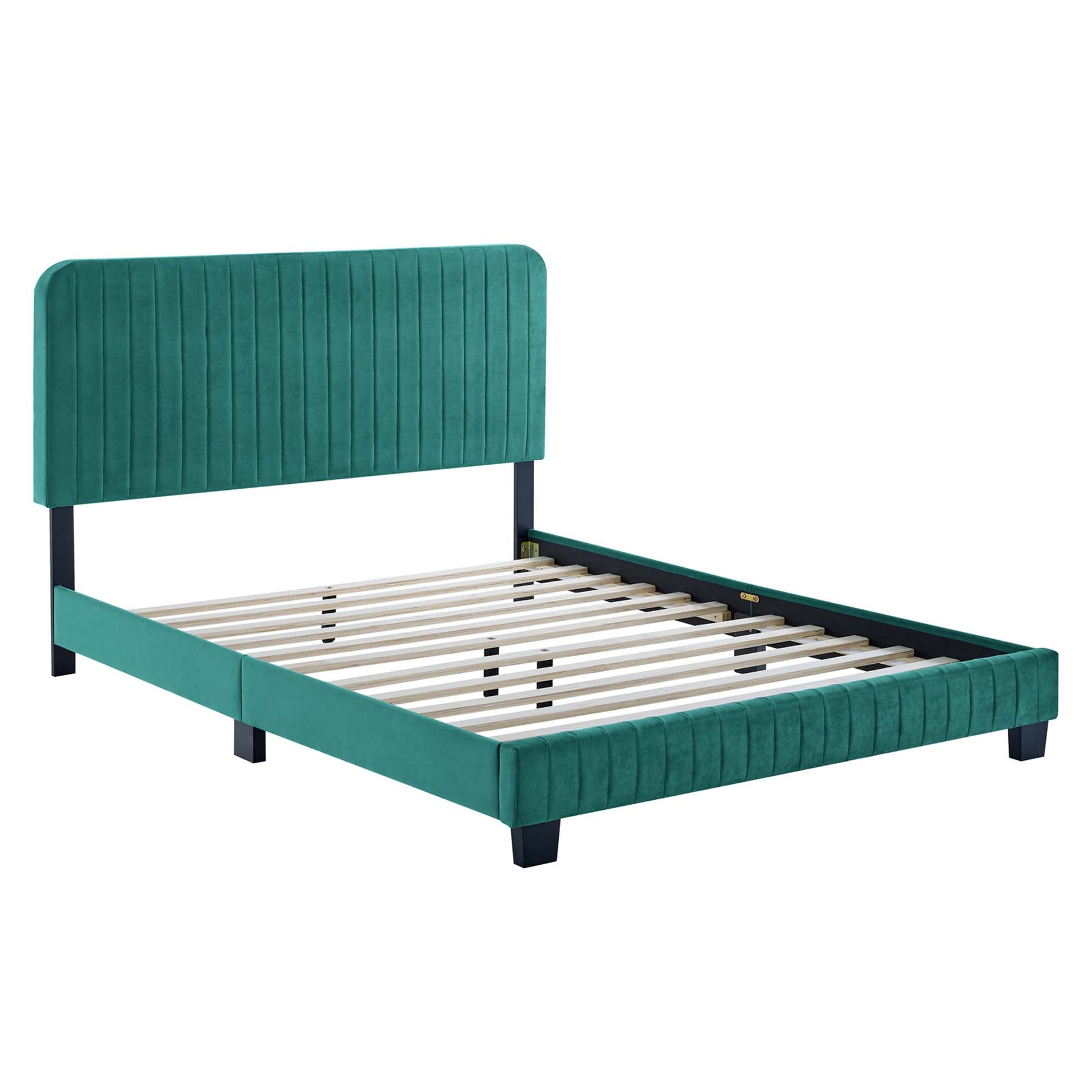 Teal velvet upholstered platform bed with tall vertical-channel headboard, low footboard and slatted base.