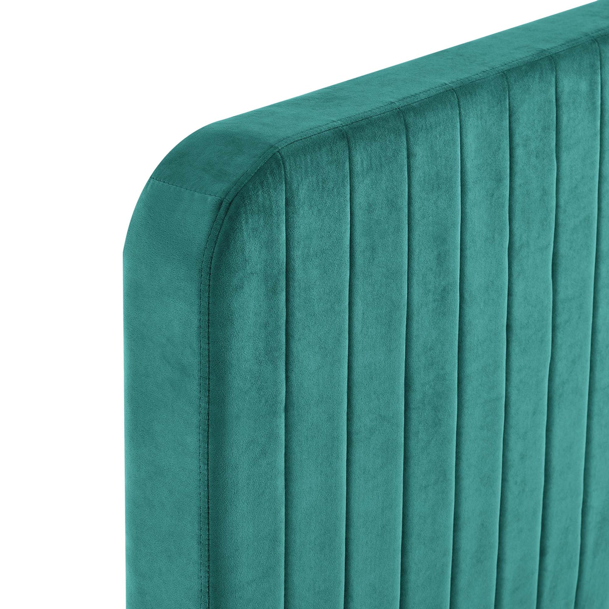 Teal velvet upholstered king platform bed with a vertical channel-tufted headboard and rounded corners.