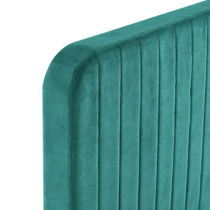 Teal velvet upholstered king platform bed with a vertical channel-tufted headboard and rounded corners.