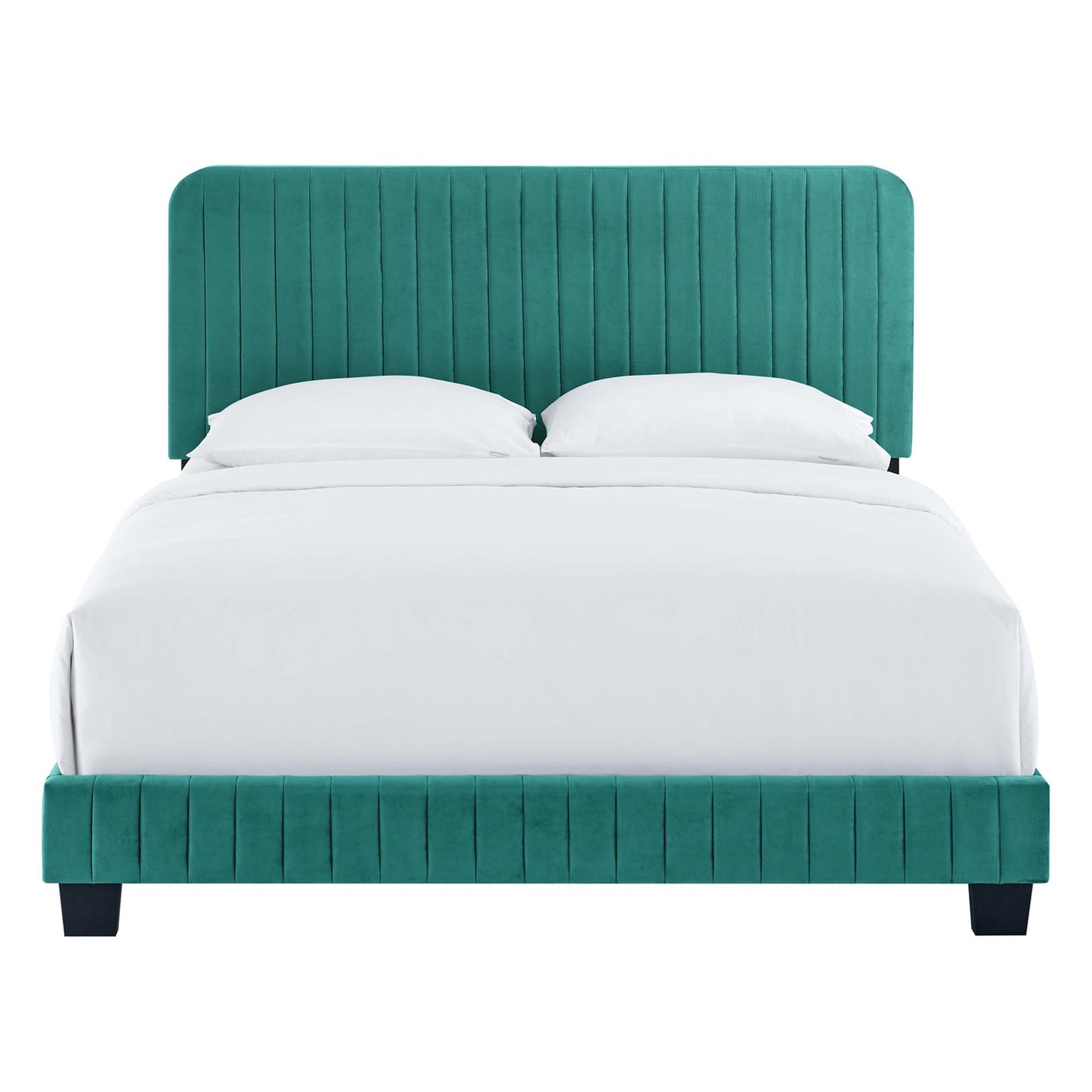 Teal velvet platform bed with tall vertical-channel headboard and footboard, white bedding, modern bedroom design.