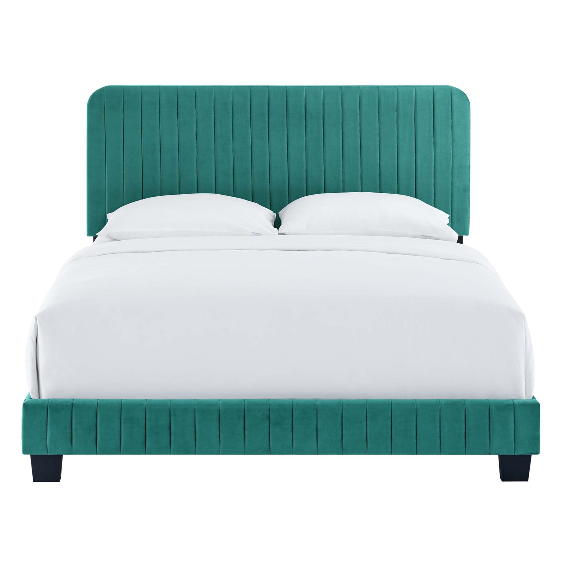 Teal velvet platform bed with tall vertical-channel headboard and footboard, white bedding, modern bedroom design.