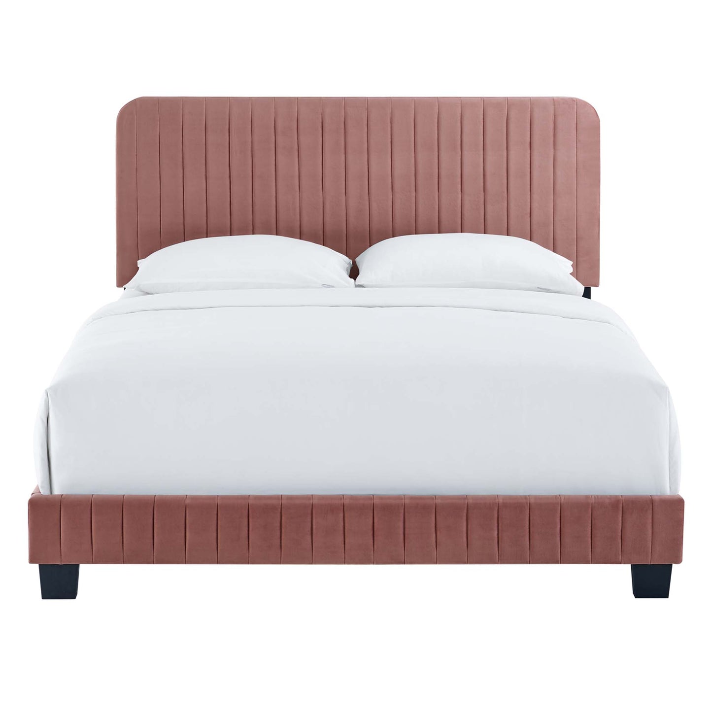 Dusty-rose velvet upholstered queen platform bed with channel-tufted headboard and footboard, white bedding, black legs.