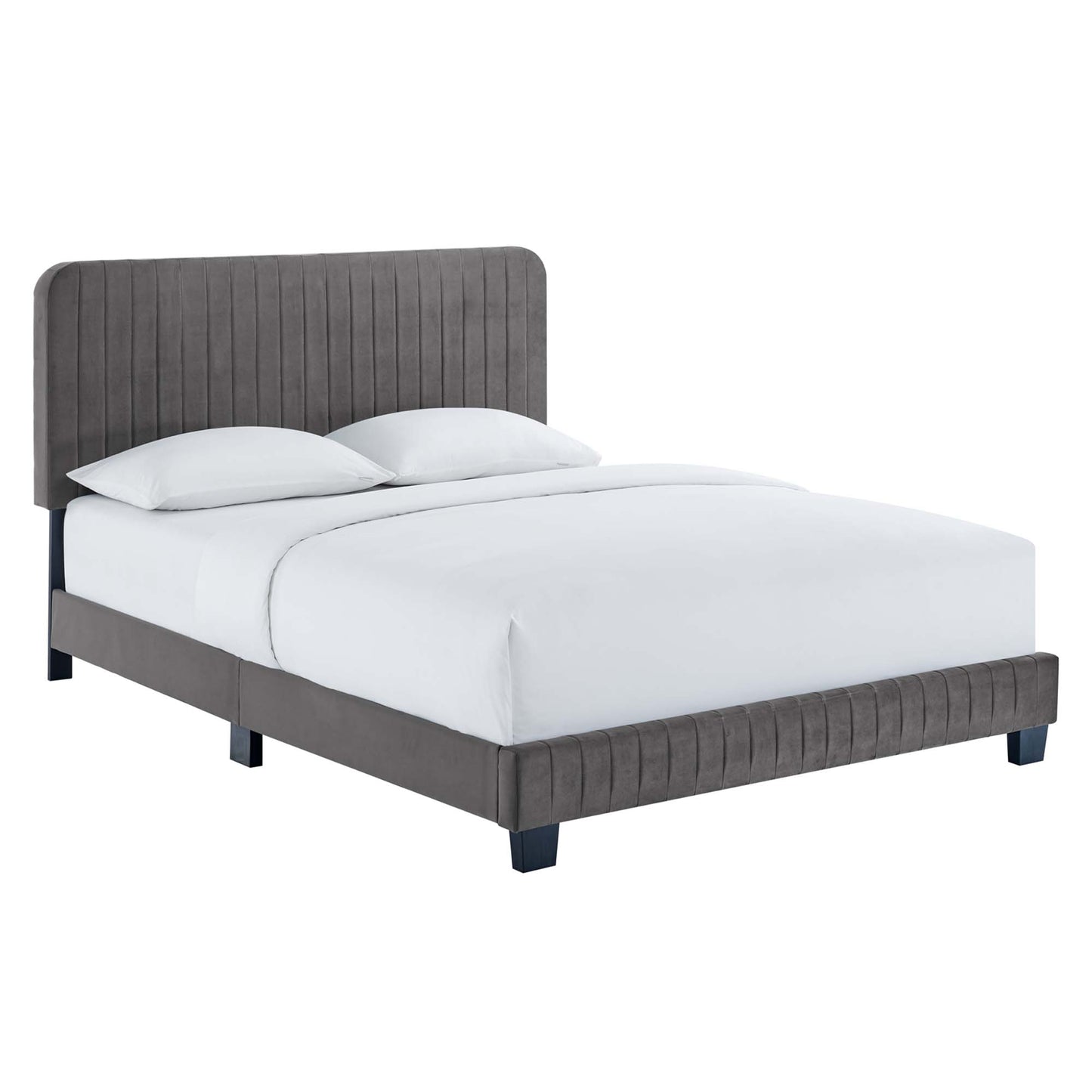 Gray upholstered platform bed with a tall vertical-channel headboard and matching footboard, white bedding.