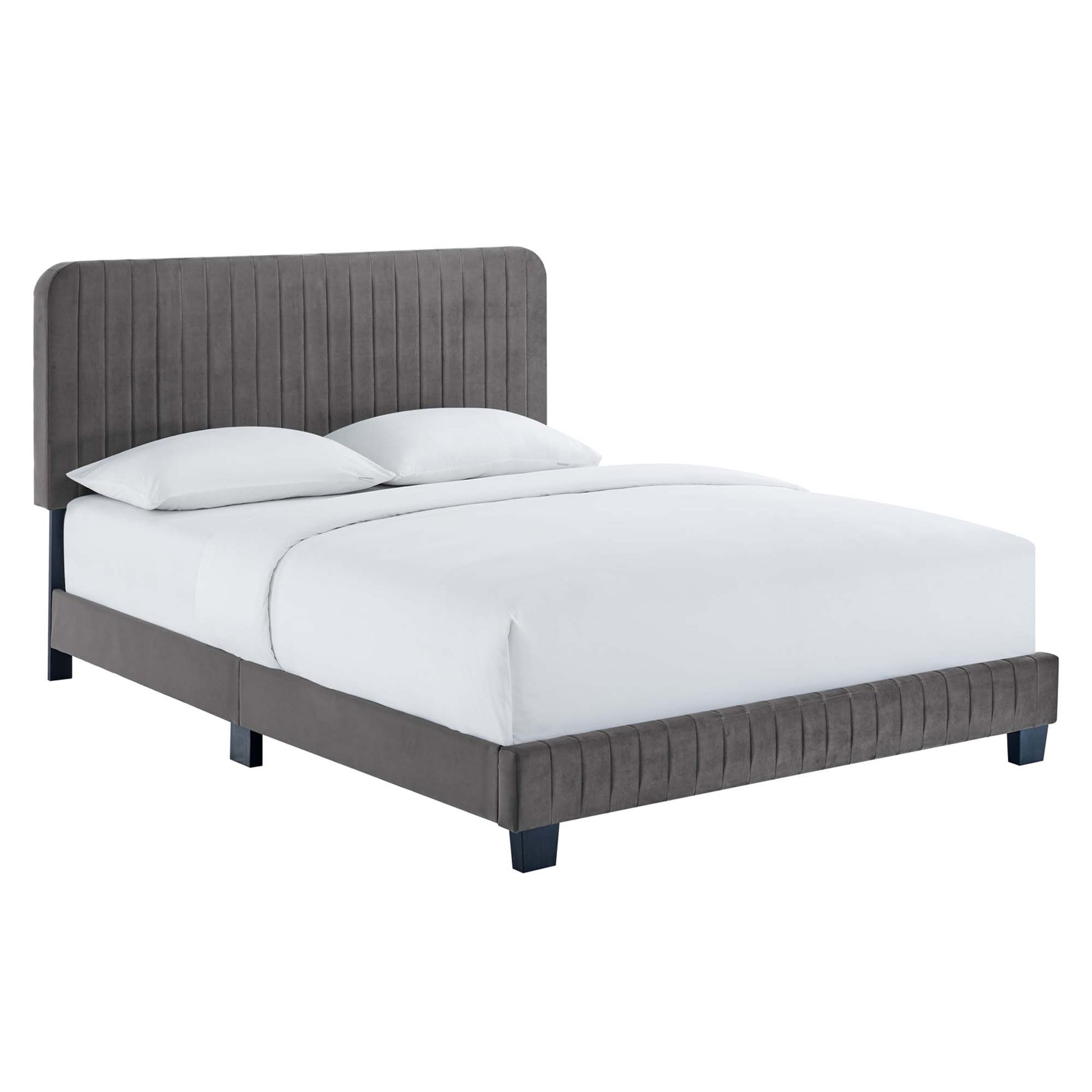 Gray upholstered platform bed with a tall vertical-channel headboard and matching footboard, white bedding.