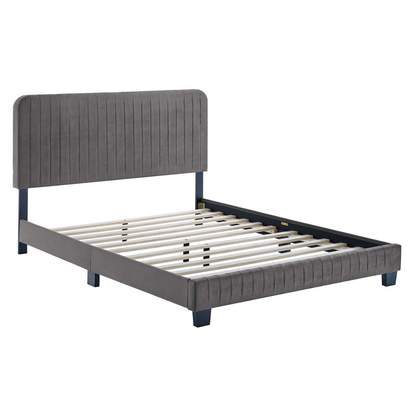 Grey upholstered platform bed with tall tufted headboard, padded footboard, wooden slat support & dark legs.
