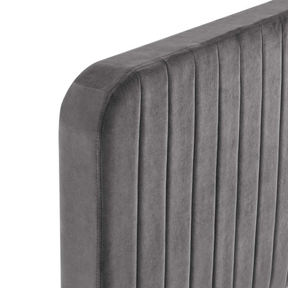 Grey velvet full platform bed with a vertical channel-tufted headboard and rounded corners.