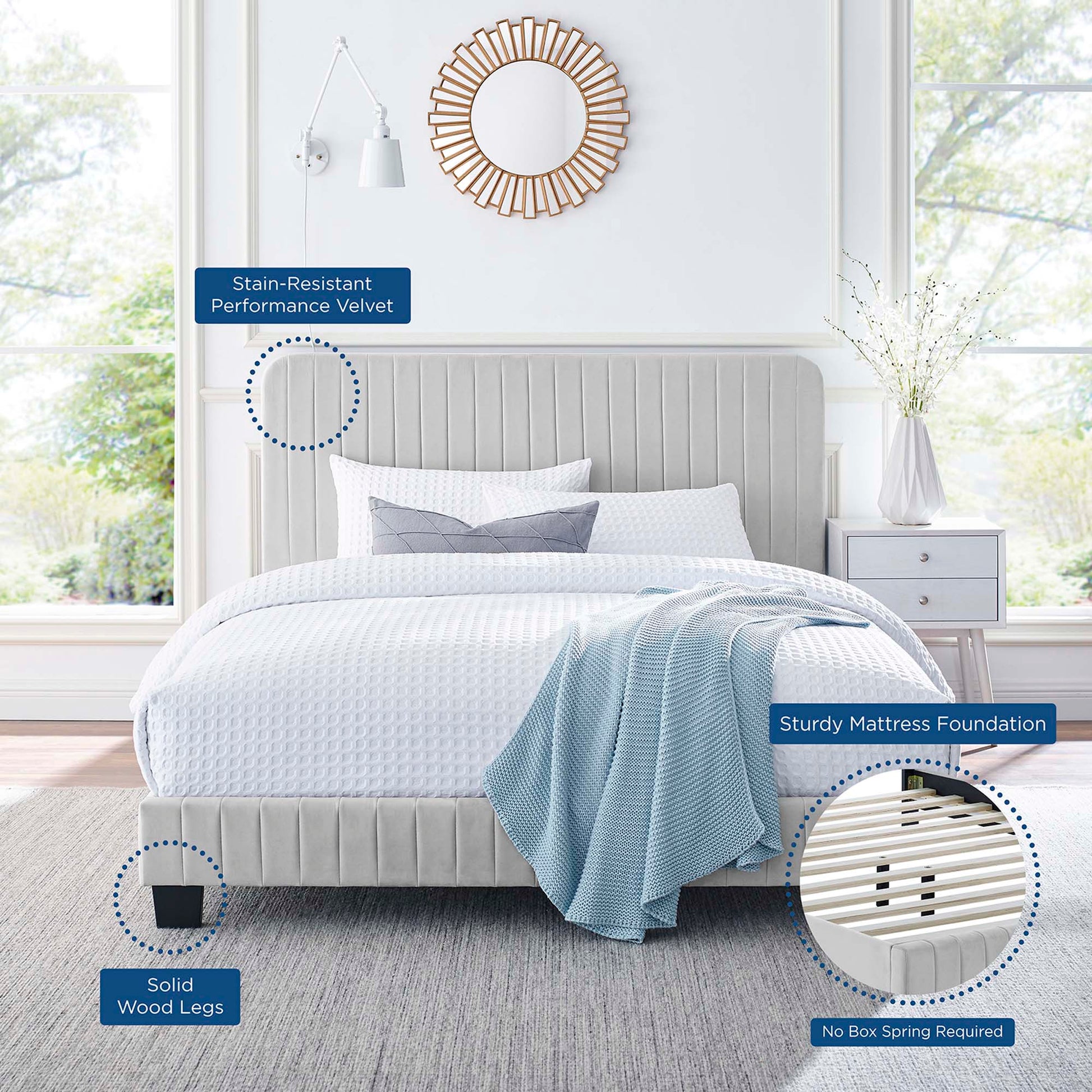 Light gray upholstered bed with channel-tufted headboard, solid wood legs, white bedding, blue throw, modern bedroom setup.