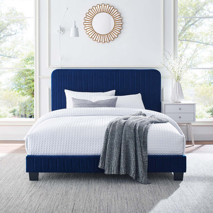 Navy blue upholstered bed with tall channel-tufted headboard, white textured bedding and gray throw; contemporary bedroom.