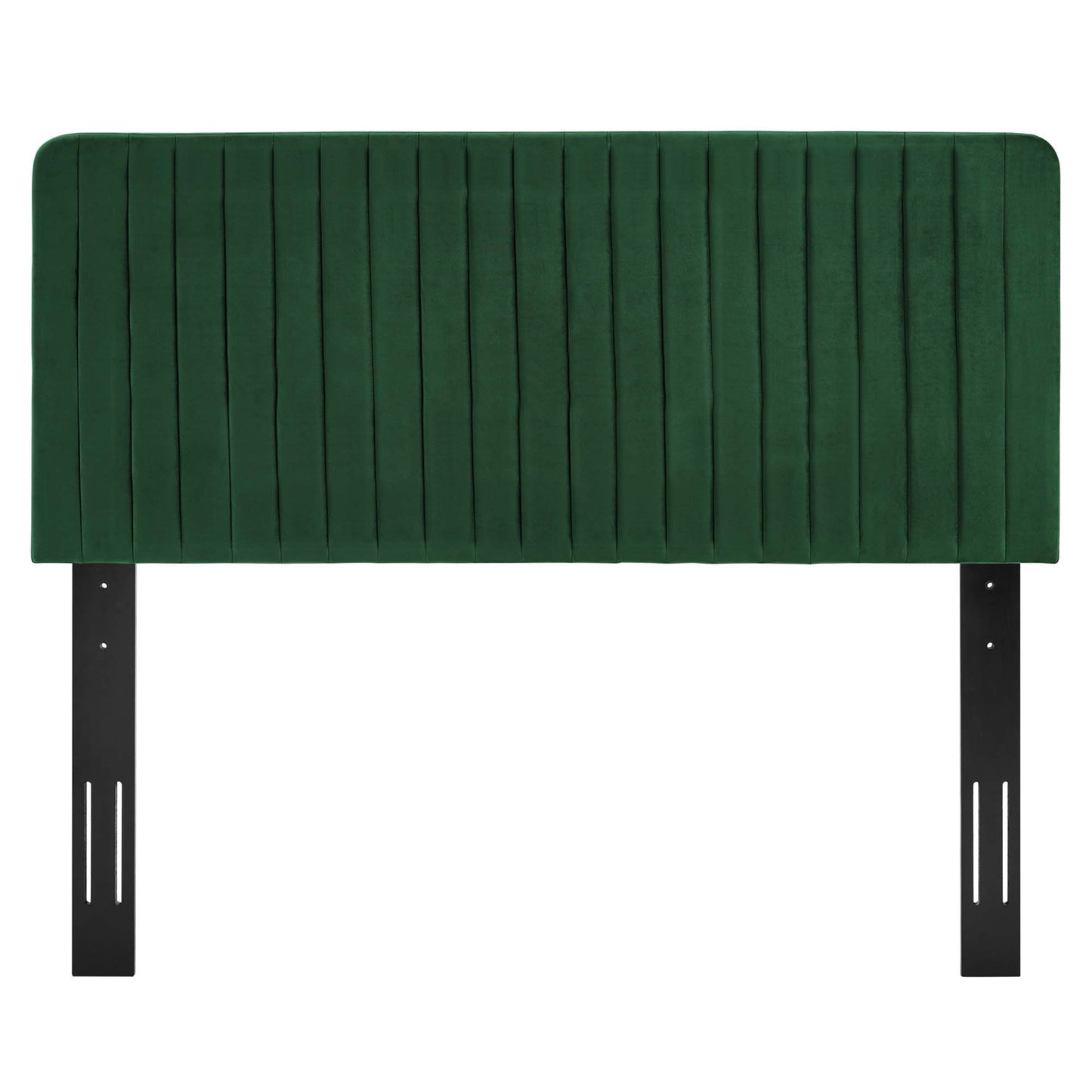Green velvet upholstered headboard with vertical channel tufting and black metal mounting brackets.