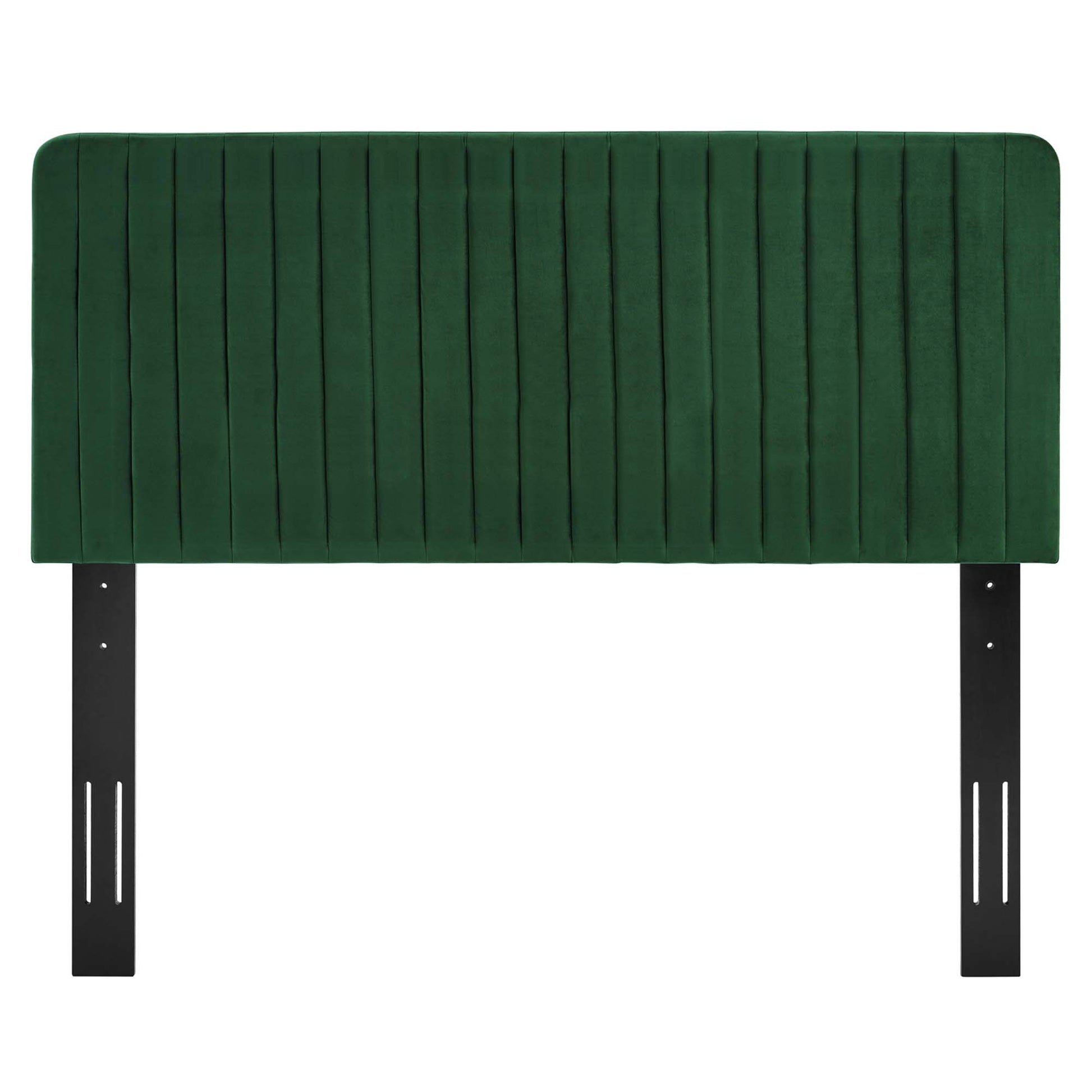Green velvet upholstered headboard with vertical channel tufting and black metal mounting brackets.