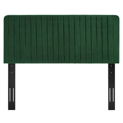 Green velvet upholstered headboard with vertical channel tufting and black metal mounting brackets.