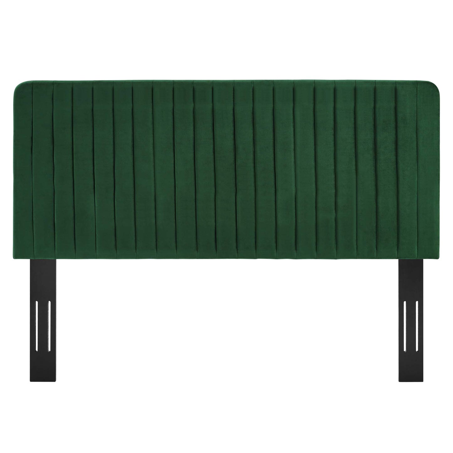 Green velvet tufted headboard panel with vertical channels and black metal legs for bed frame.