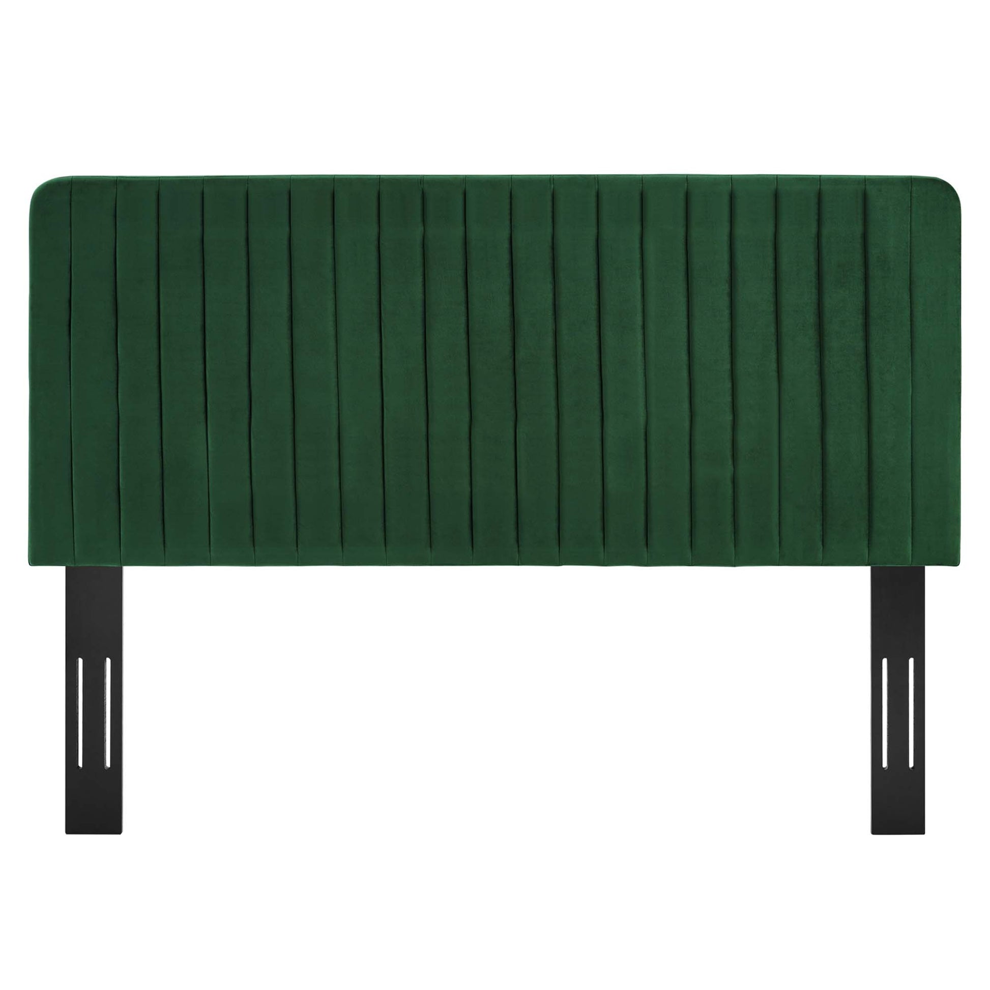 Green velvet tufted headboard panel with vertical channels and black metal legs for bed frame.